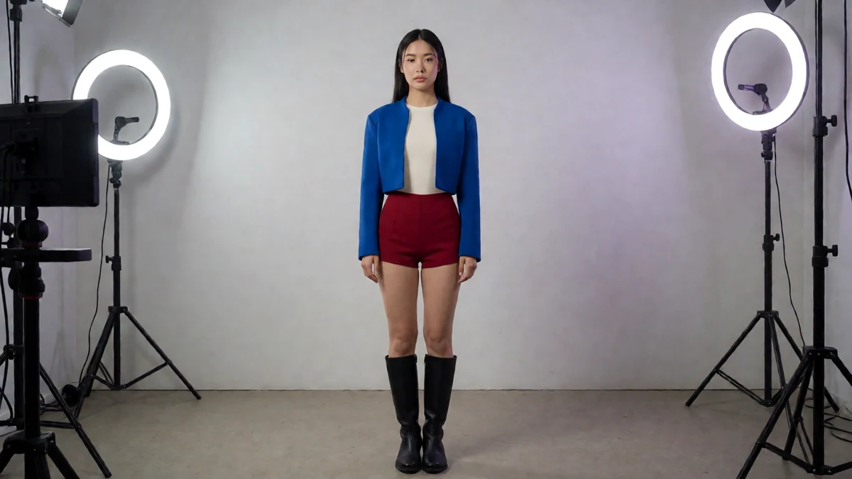 Stripchat免费公开场主题图,黑发成年女性穿蓝色短外套与酒红短裙,站在直播灯前