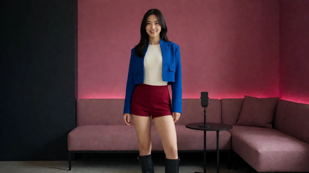 Stripchat私密房主题图,成年女性穿蓝色短外套与酒红短裙,站在粉色灯带旁