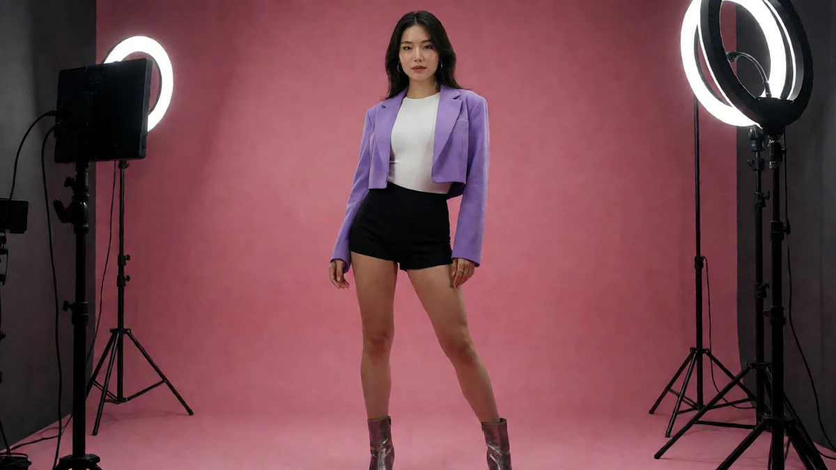 Stripchat甜美女主播主题图,黑发成年女性穿淡紫色短外套和黑色短裤,站在粉色摄影棚