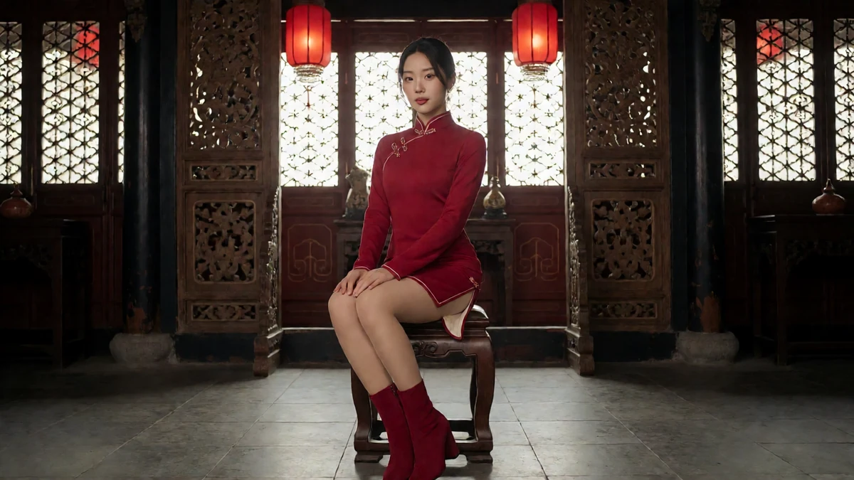 Stripchat旗袍主播主题图,成年女性穿红色旗袍,坐在灯笼装饰的中式室内