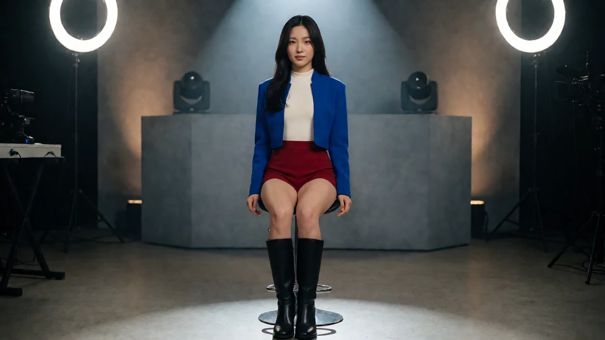 Stripchat聚光灯舞台主题图,黑发成年女性穿蓝色短外套与酒红短裙,坐在舞台灯前